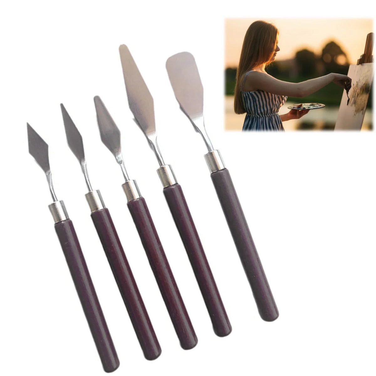 A set of five artist palette knives with an inset of an artist painting a canvas