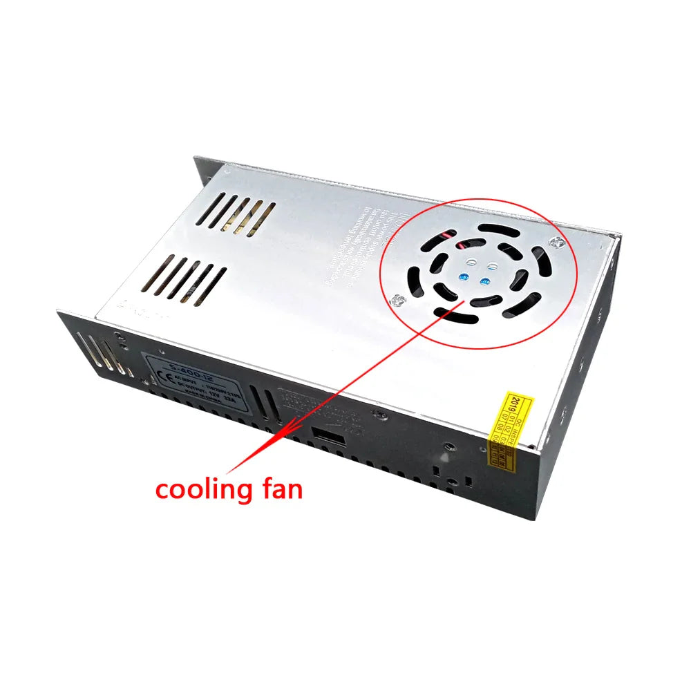 A single metal-cased power supply unit with a cooling fan highlighted with a red circle and arrow
