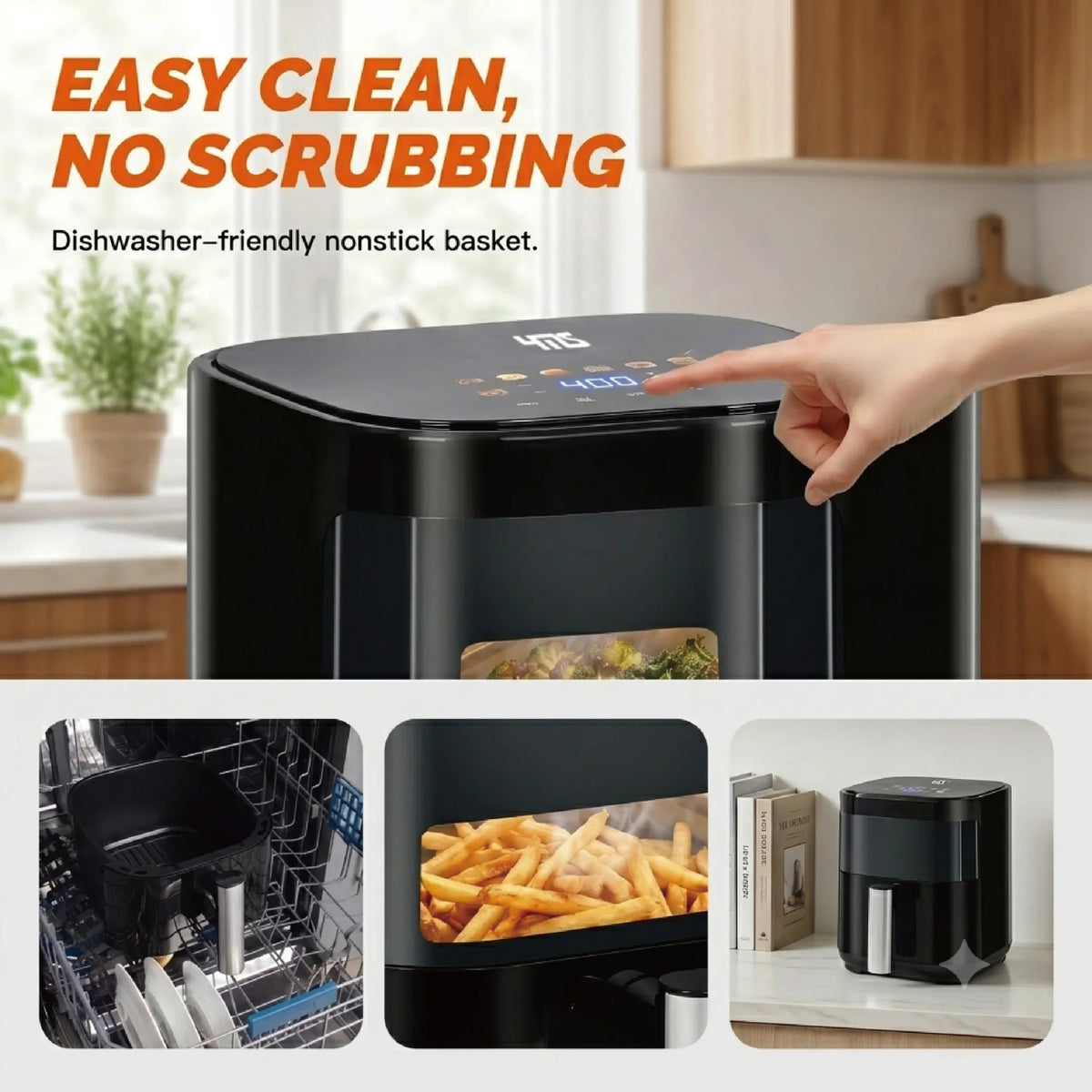 Black digital air fryer showing touch screen control panel and dishwasher safe basket