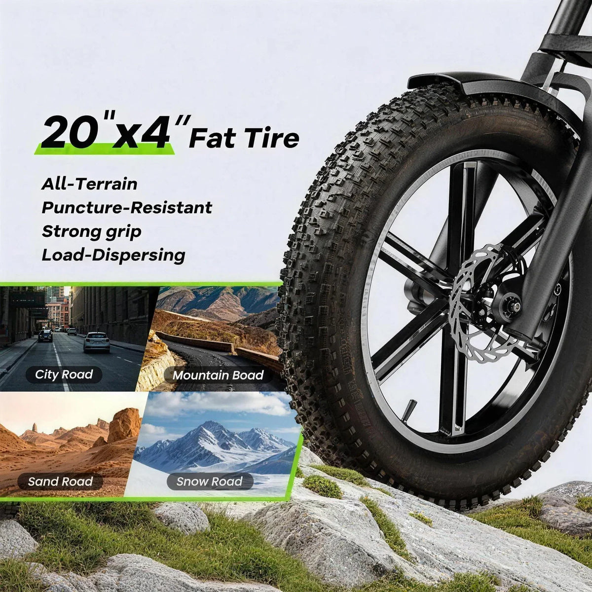 Close-up of a 20-inch fat tire on an electric bike with small scenes showing different terrain types.