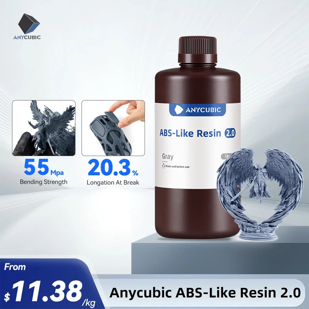 Bottle of gray ABS-like 3D printing resin with test prints on a background.