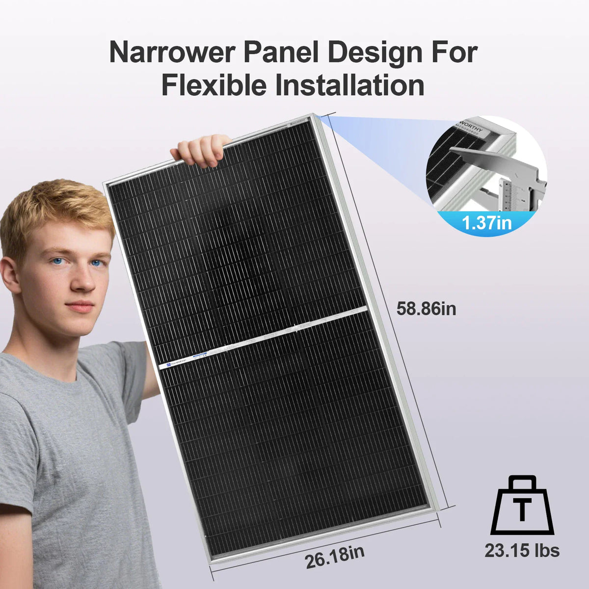 Man holding a thin rectangular solar panel demonstrating compact dimensions and light weight