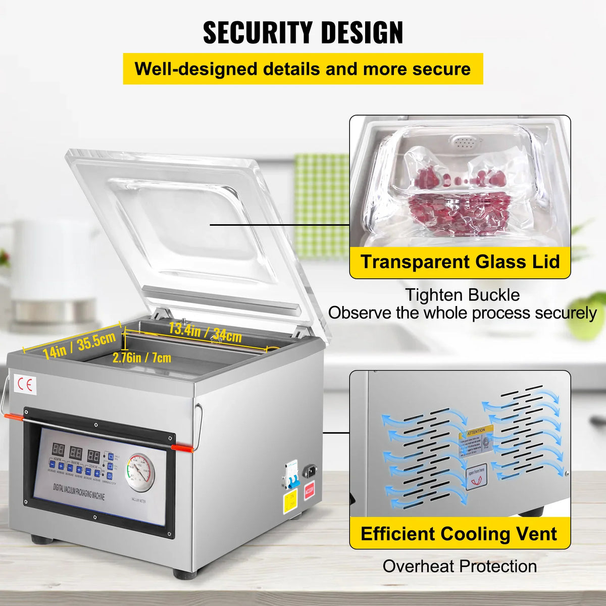 Stainless steel chamber vacuum sealer with open lid showing dimensions and side view of cooling vents