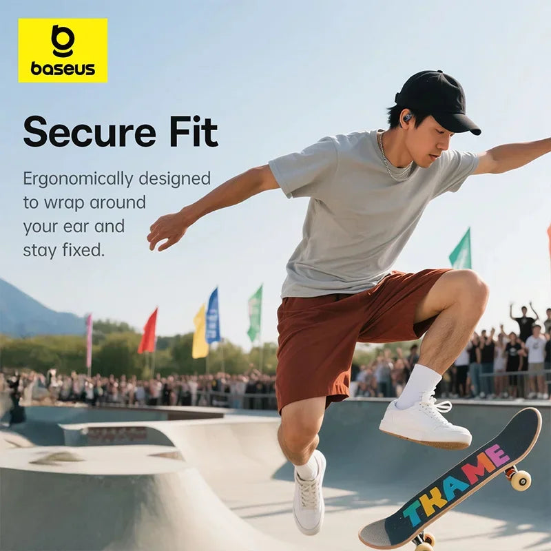 Skateboarder wearing black open-ear wireless earphones.