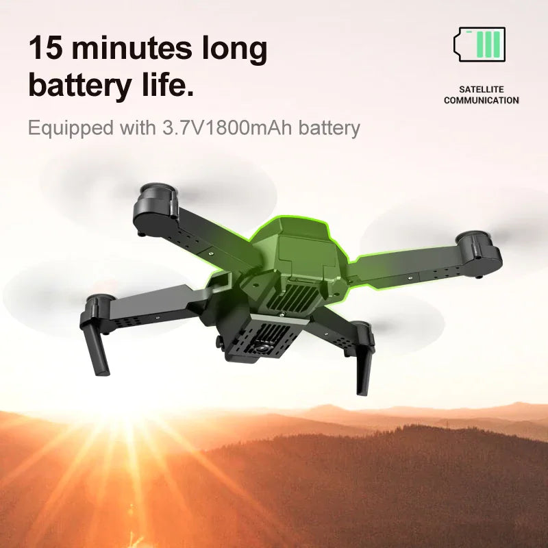 A black drone highlighted in green against a mountain backdrop with battery and satellite communication icons.
