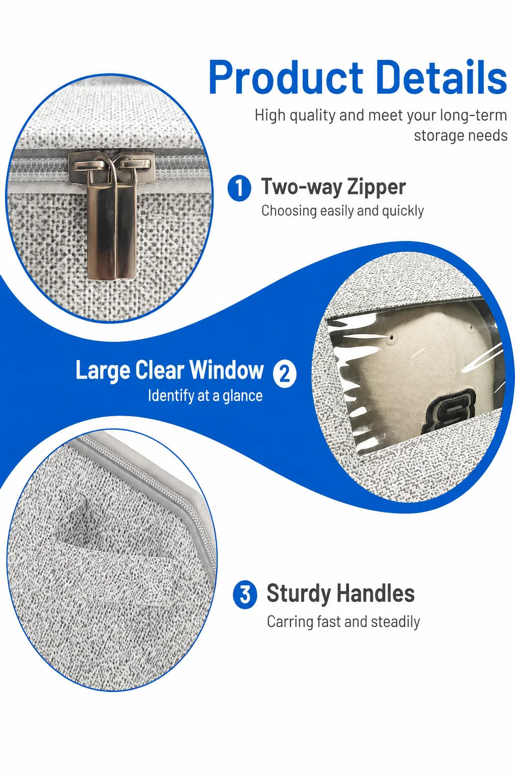 Close-up details of the grey felt storage box featuring zipper, clear window, and side handles