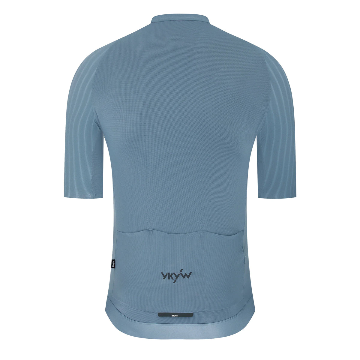 Back view of a blue men's short sleeve cycling jersey with rear pockets