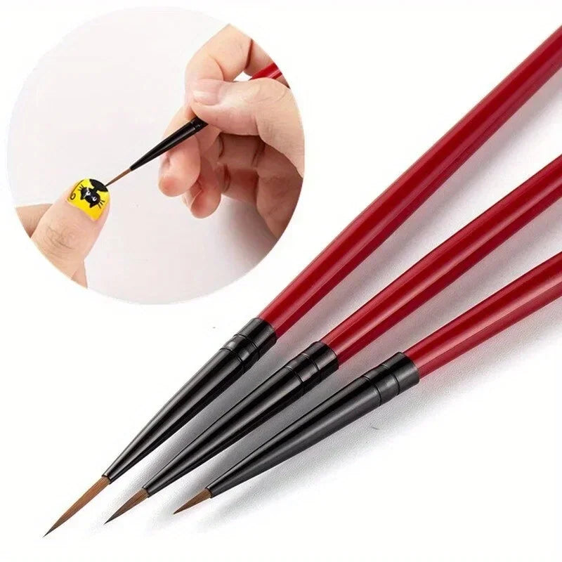 Three thin nail art liner brushes with red handles