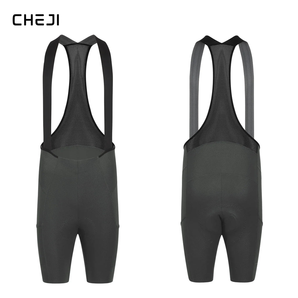 Front and back view of dark charcoal grey cycling bib shorts.