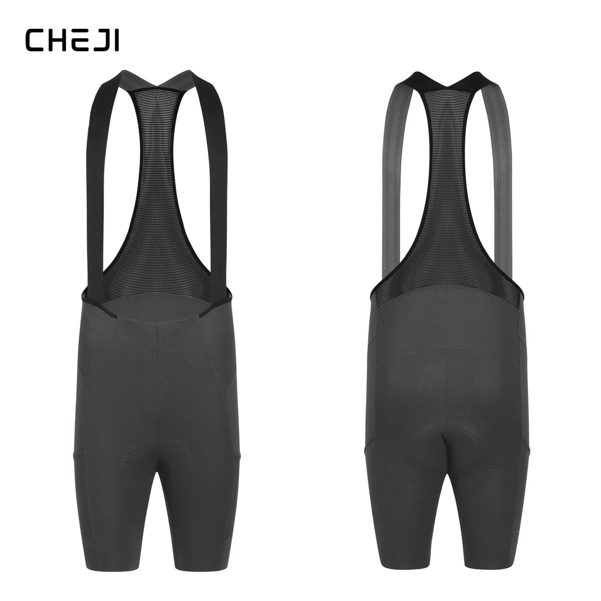 Front and back view of dark charcoal grey cycling bib shorts.