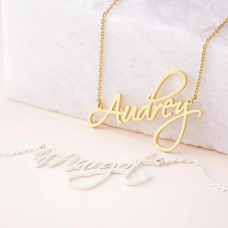 Gold and silver custom script name necklaces