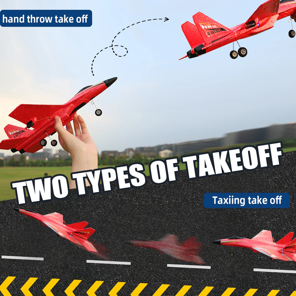 Red foam RC fighter jet demonstrating hand-throw and taxiing takeoff methods