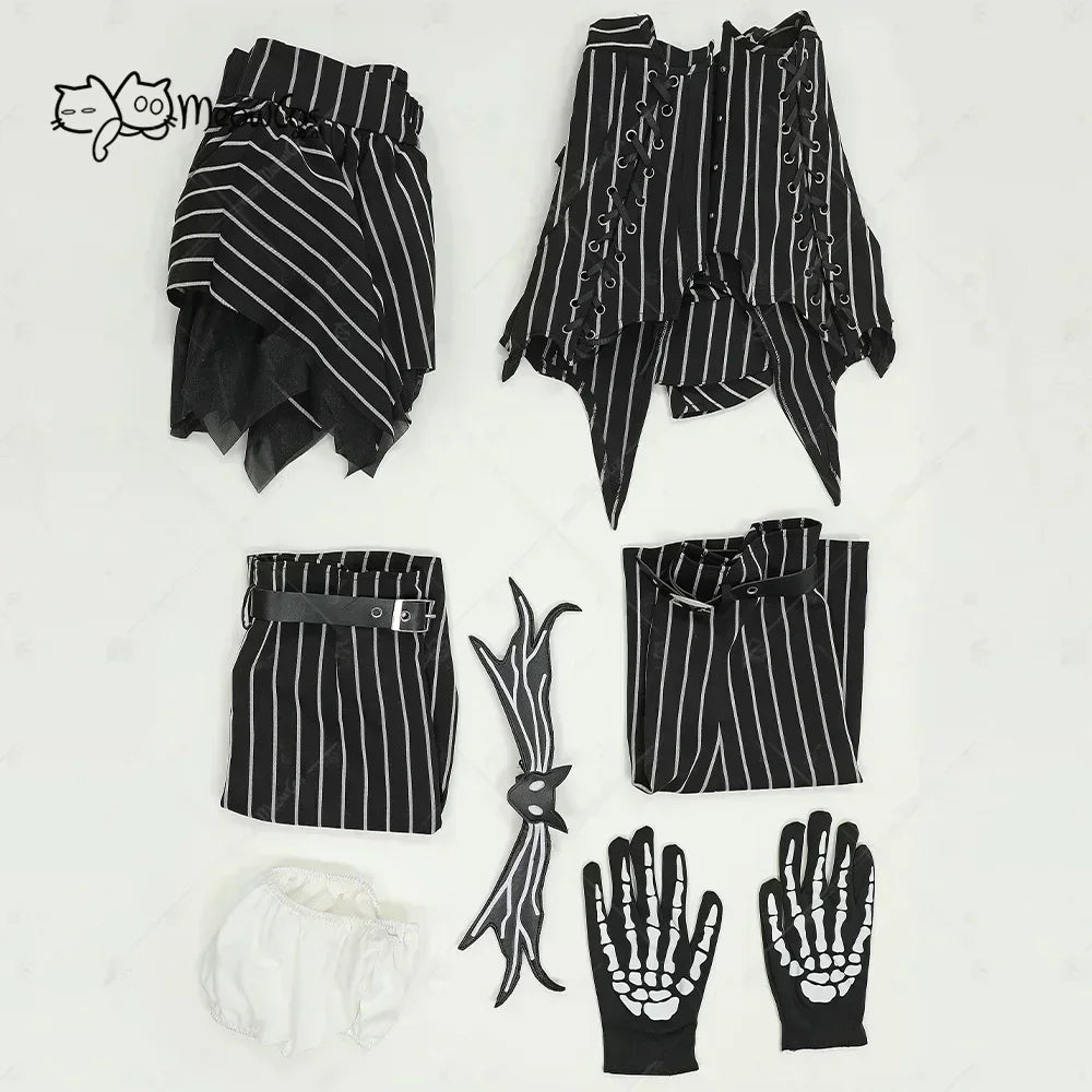 Flat lay of gothic style cosplay costume components including skirt, top, gloves and accessories