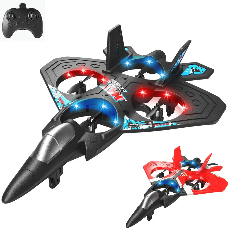 Black jet fighter RC quadcopter with red and blue lights and remote control