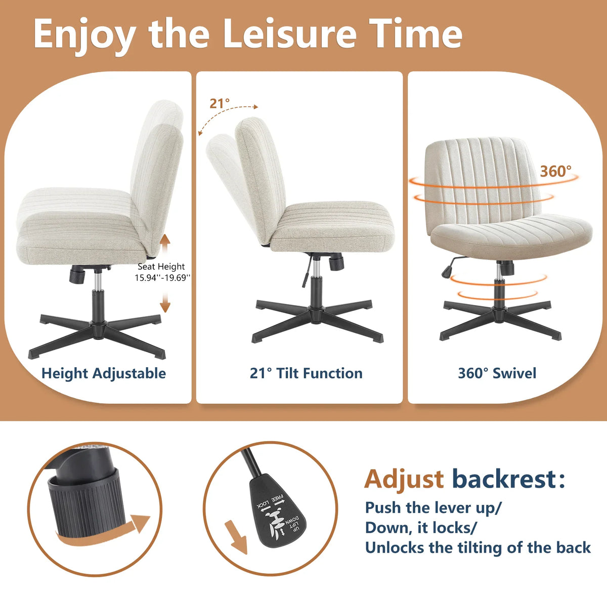 Armless office chair features including adjustable height, tilt function, and 360-degree swivel