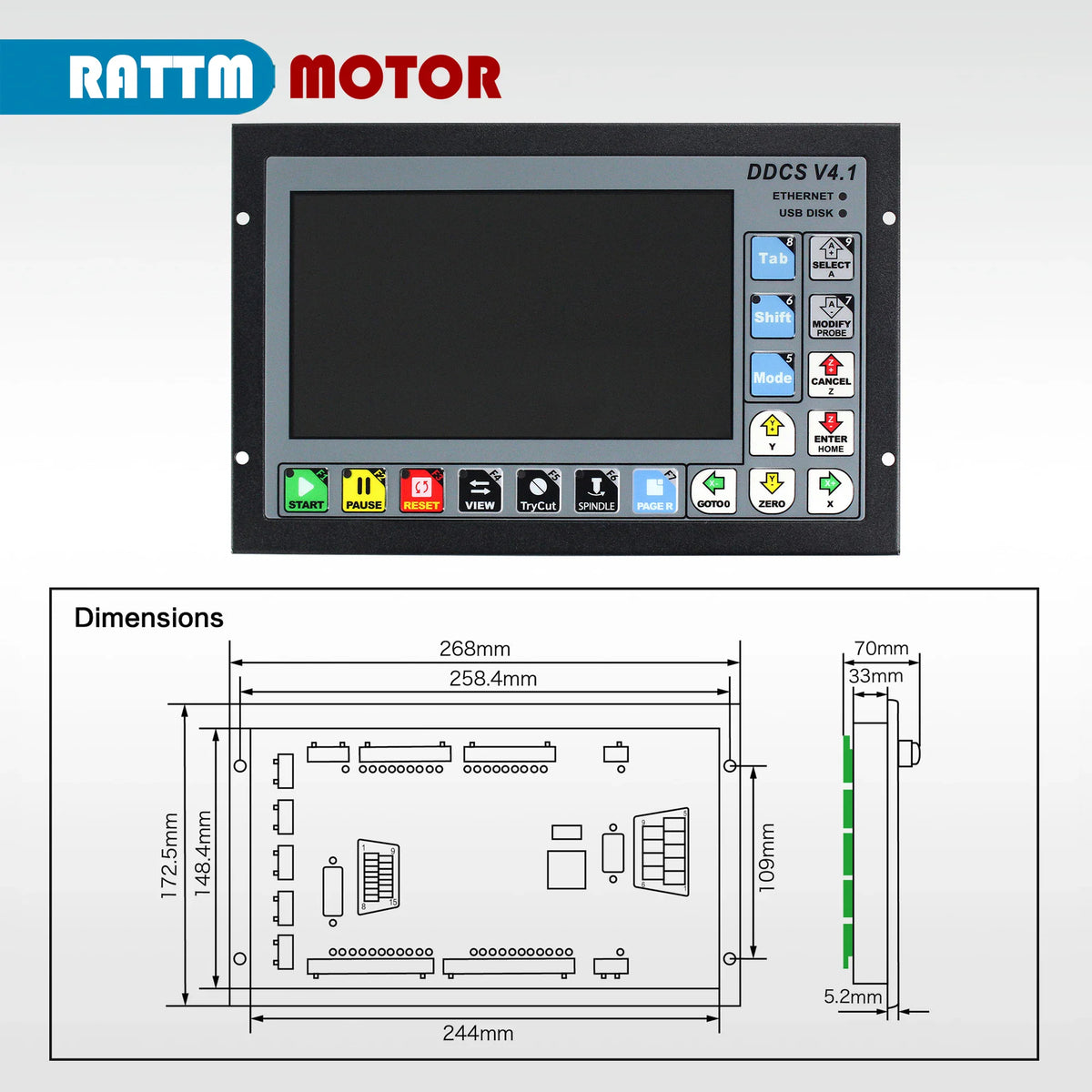Dimensions diagram of a CNC motion controller screen display.