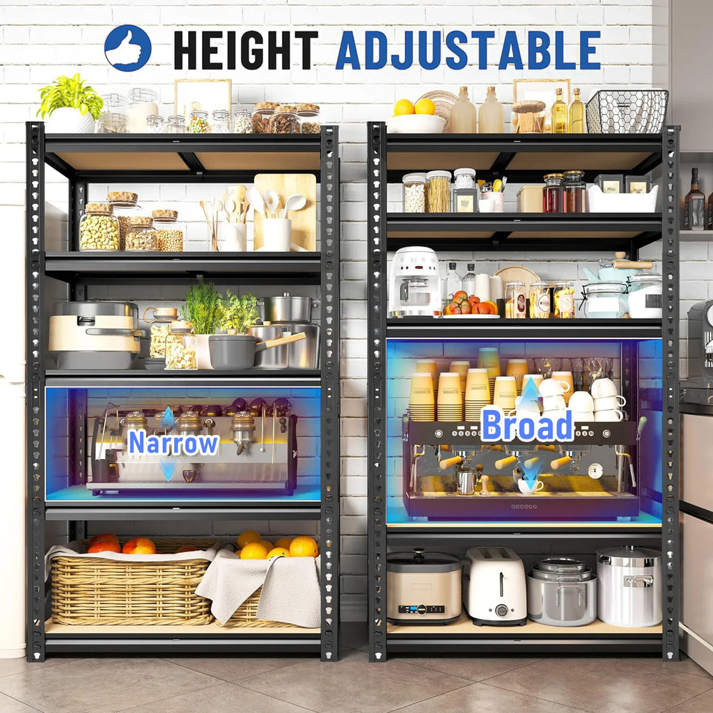 Two industrial metal shelving units side-by-side with height-adjustable shelves for kitchen storage