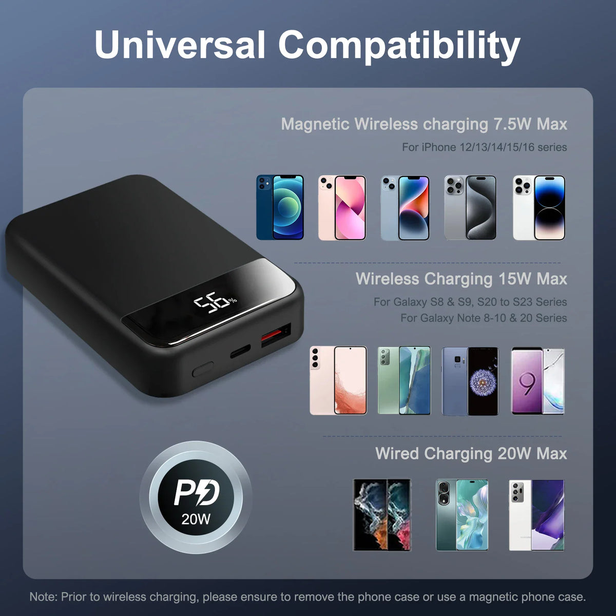 Magnetic wireless power bank charger with a compatibility chart showing various mobile phone models