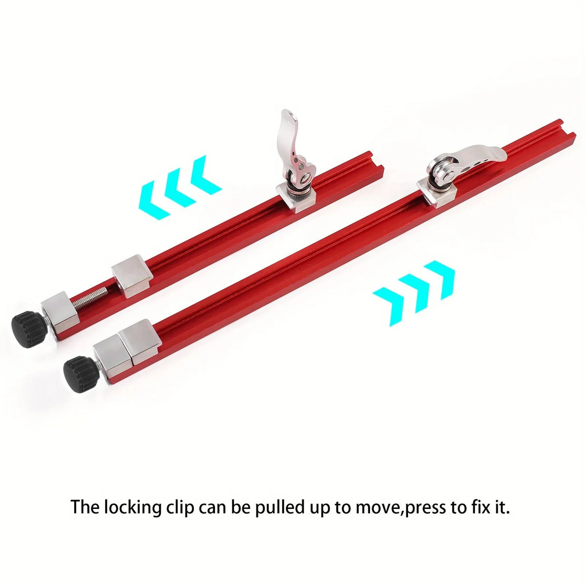 Pair of adjustable red guide rails for circular saws with metal locking clips