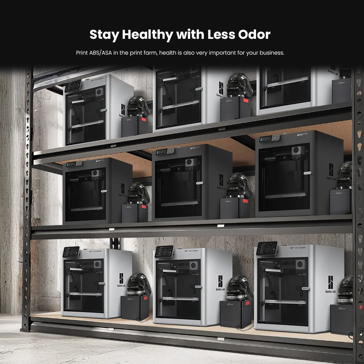 Several 3D printers equipped with air filtration systems arranged on shelves in a workspace