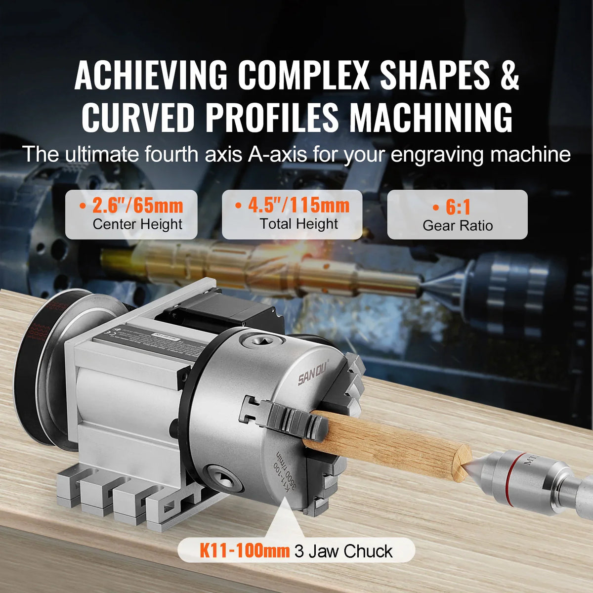 4th axis chuck for engraving machine with specifications showing center height, total height, and gear ratio