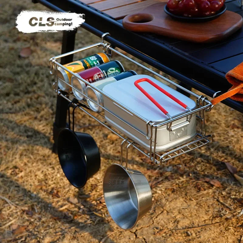 Camping table with metal wire side storage rack basket