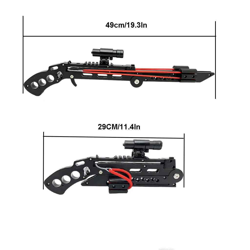 Foldable slingshot dimensions diagram showing extended and folded lengths