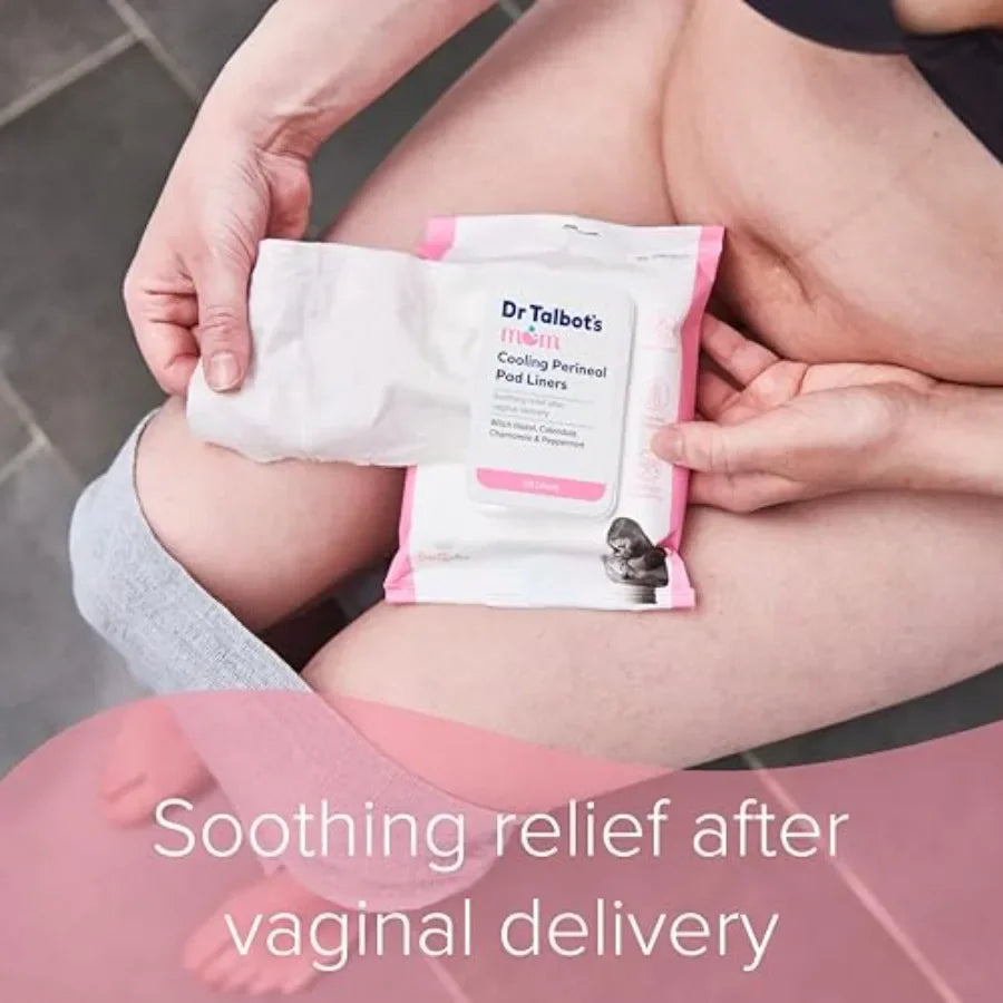 A woman holding a pack of cooling perineal pad liners, with overlay text about soothing relief after vaginal delivery.