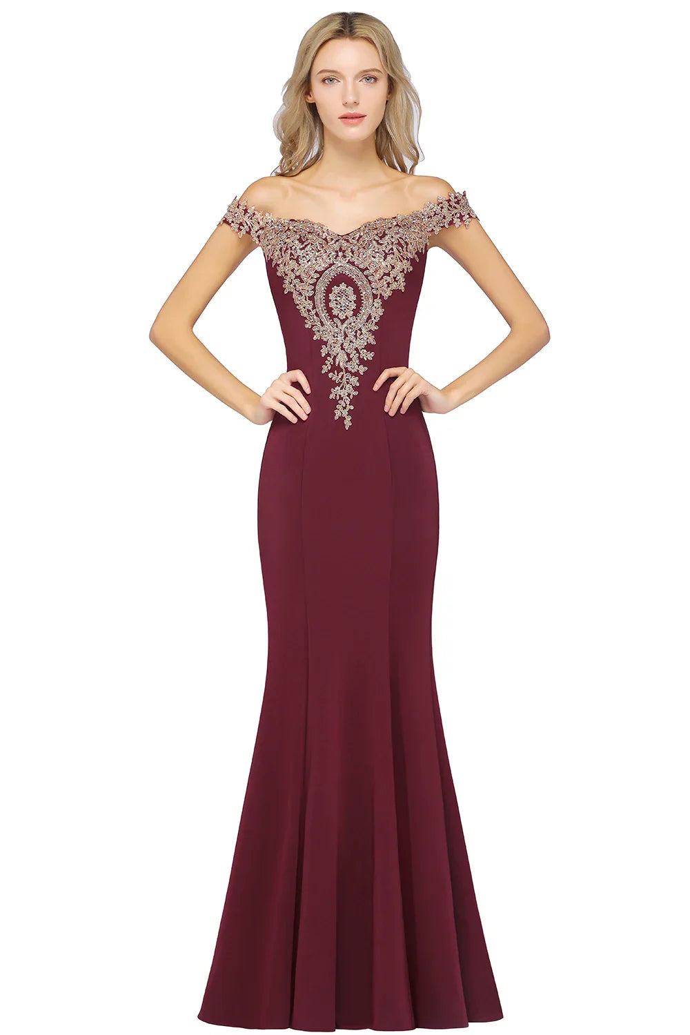 Burgundy mermaid evening dress with gold floral embroidery on the bodice