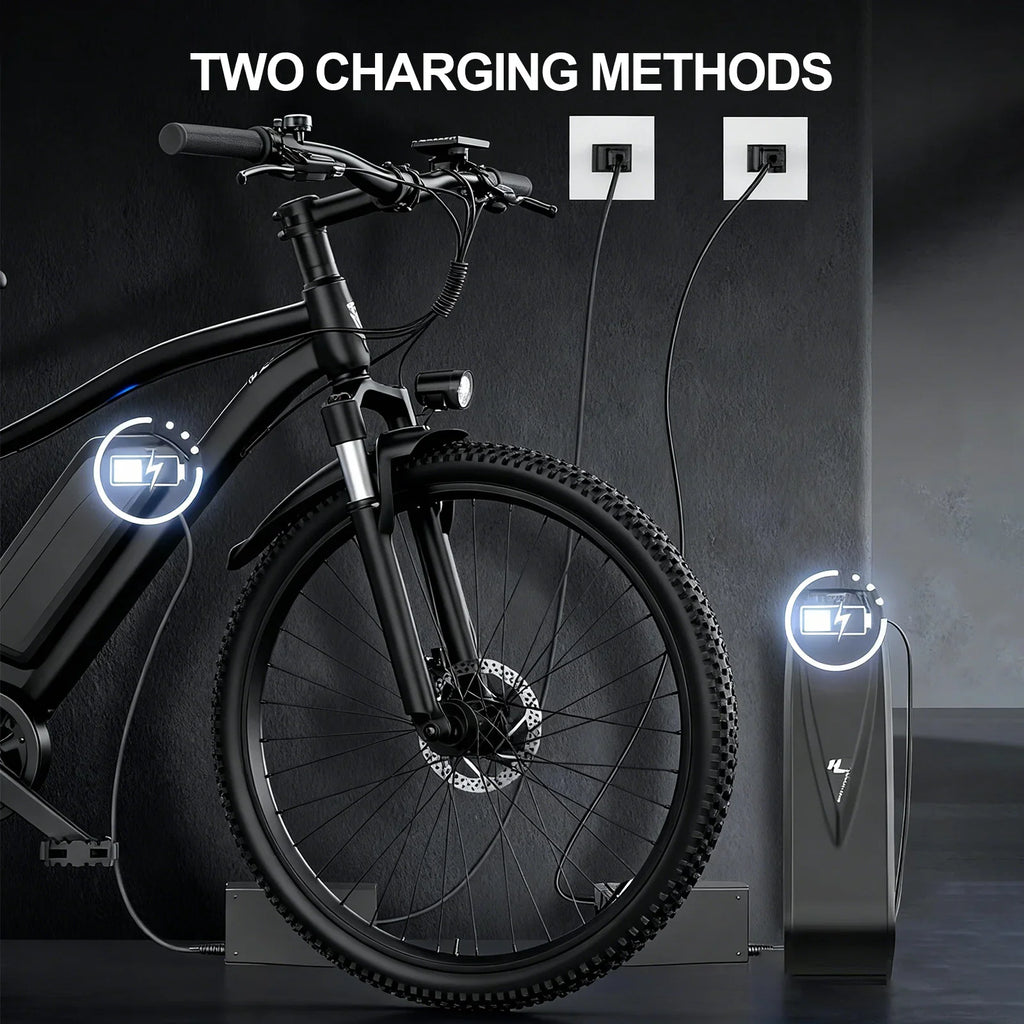 Black electric mountain bike battery charging methods diagram