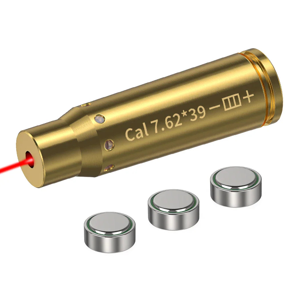 A gold-colored brass laser bore sighter tool with three included batteries