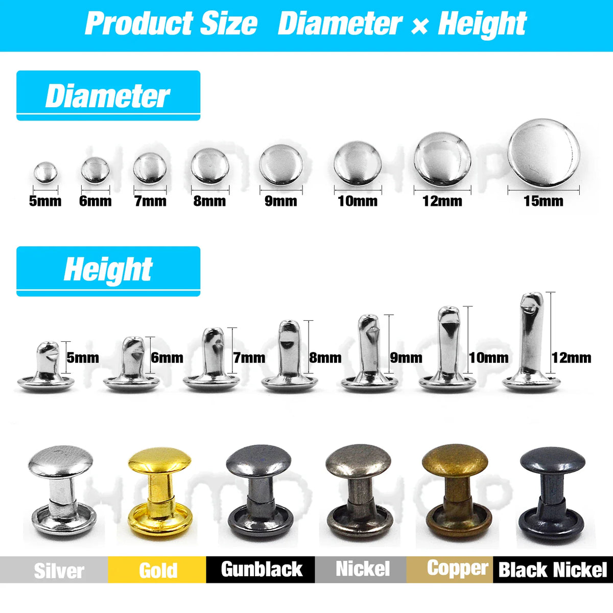 A size chart showing diameter and height measurements for metal double cap rivets