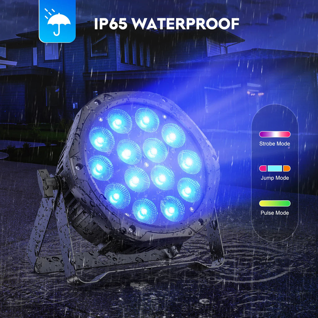 Waterproof LED stage par light projecting blue beam outdoors in the rain