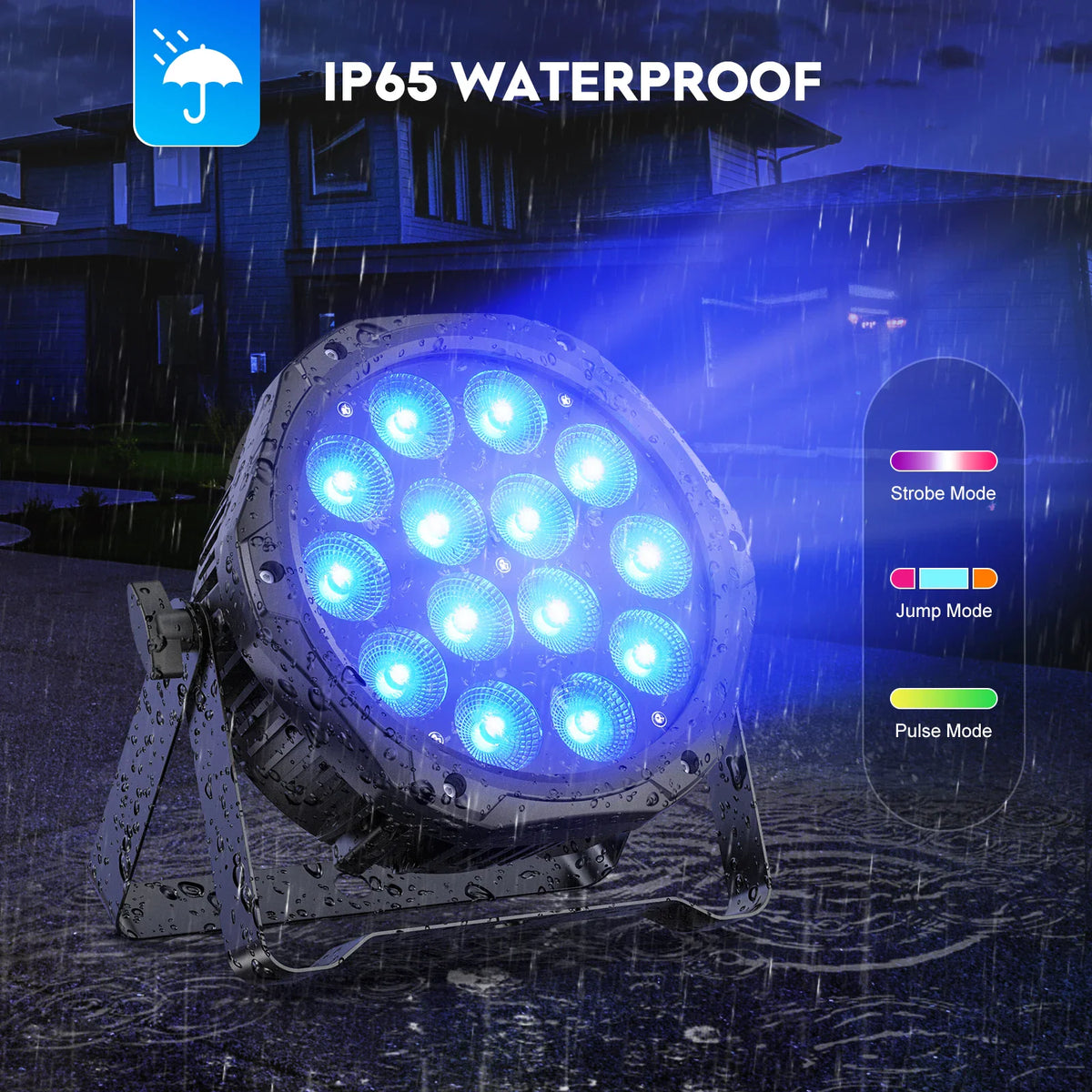 Waterproof LED stage par light projecting blue beam outdoors in the rain