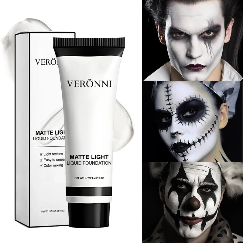 White liquid foundation tube and packaging shown with various artistic halloween face paint looks.