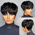 A woman wearing a short black pixie cut wig with bangs, showing different angles.