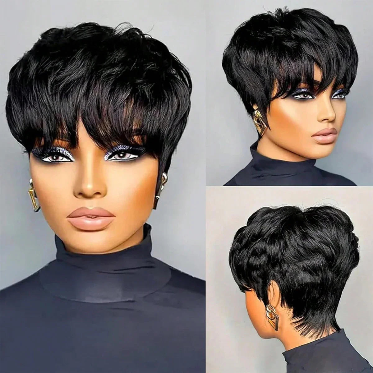 A woman wearing a short black pixie cut wig with bangs, showing different angles.
