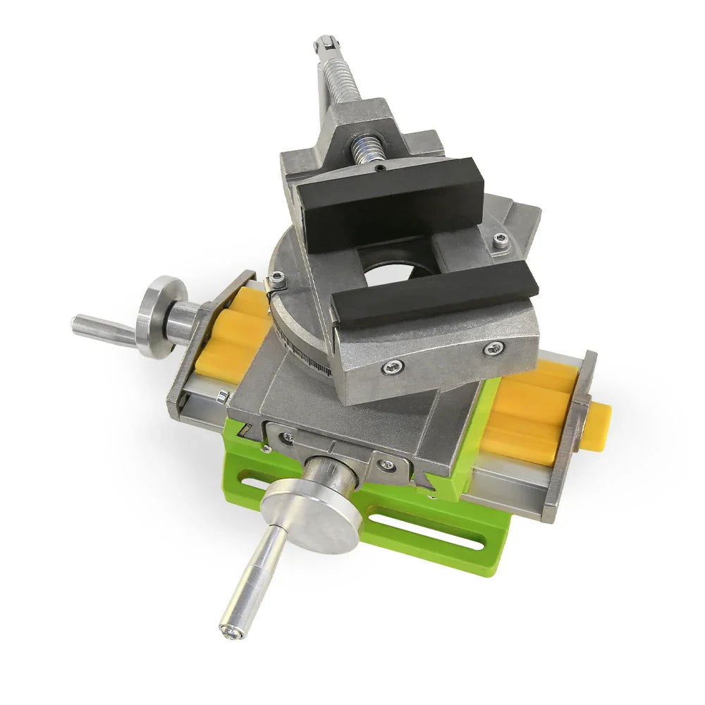 Top view of a silver and green compound milling vise for drilling machine