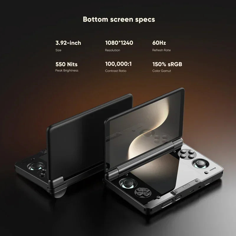 AYN Thor clamshell handheld game console displaying bottom screen technical specifications on a dark background
