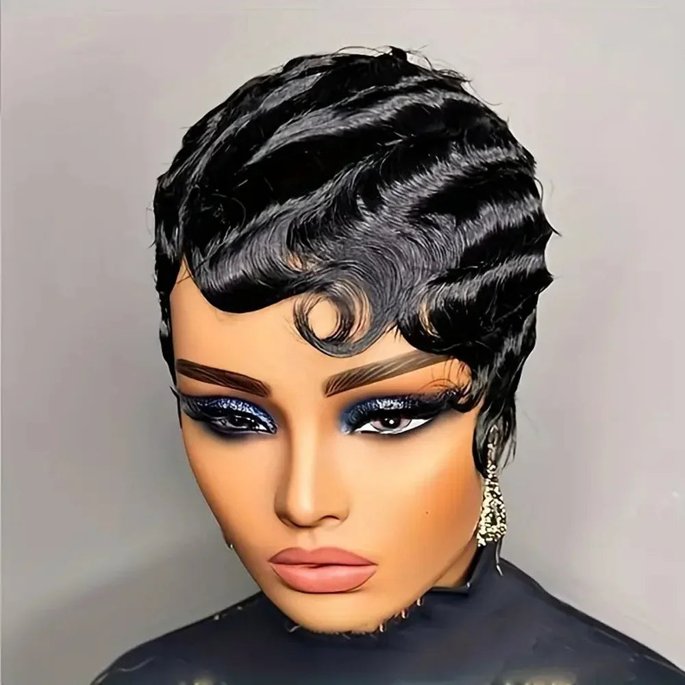 Short black finger wave pixie cut wig on a mannequin head, close up.