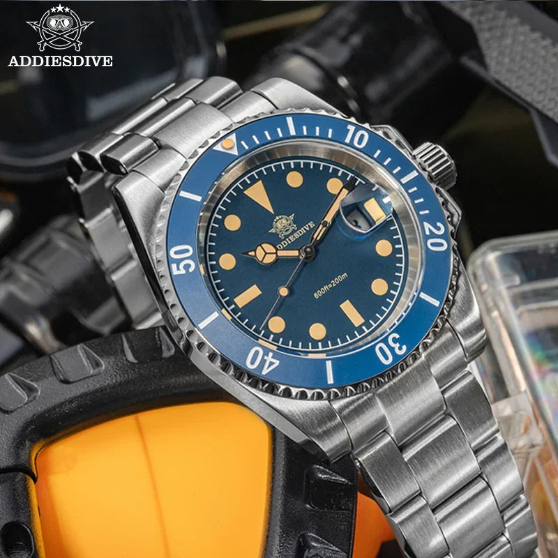 Blue dial and blue ceramic bezel dive watch with stainless steel bracelet and date window