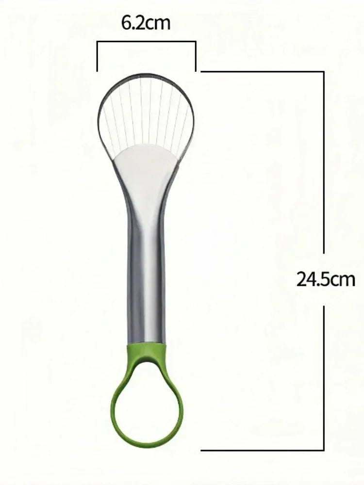Stainless steel avocado wire slicer tool with green handle and measurements