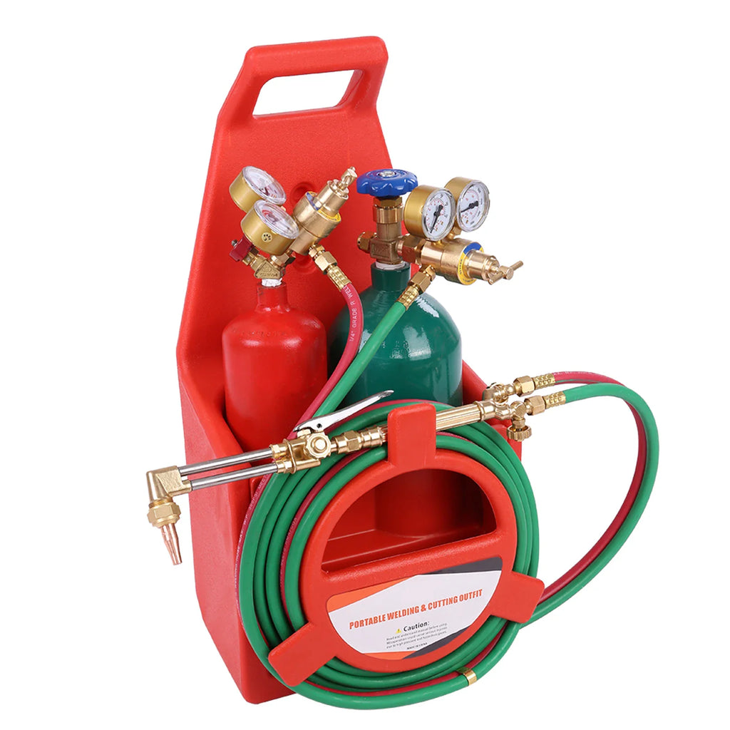 Portable red carrying rack for oxygen acetylene welding and cutting cylinders with attached hoses