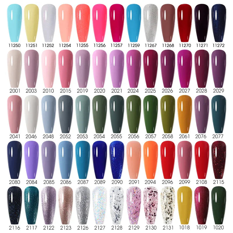A selection of gel nail polish shades, including glitter, cream, and shimmer finishes with reference numbers.