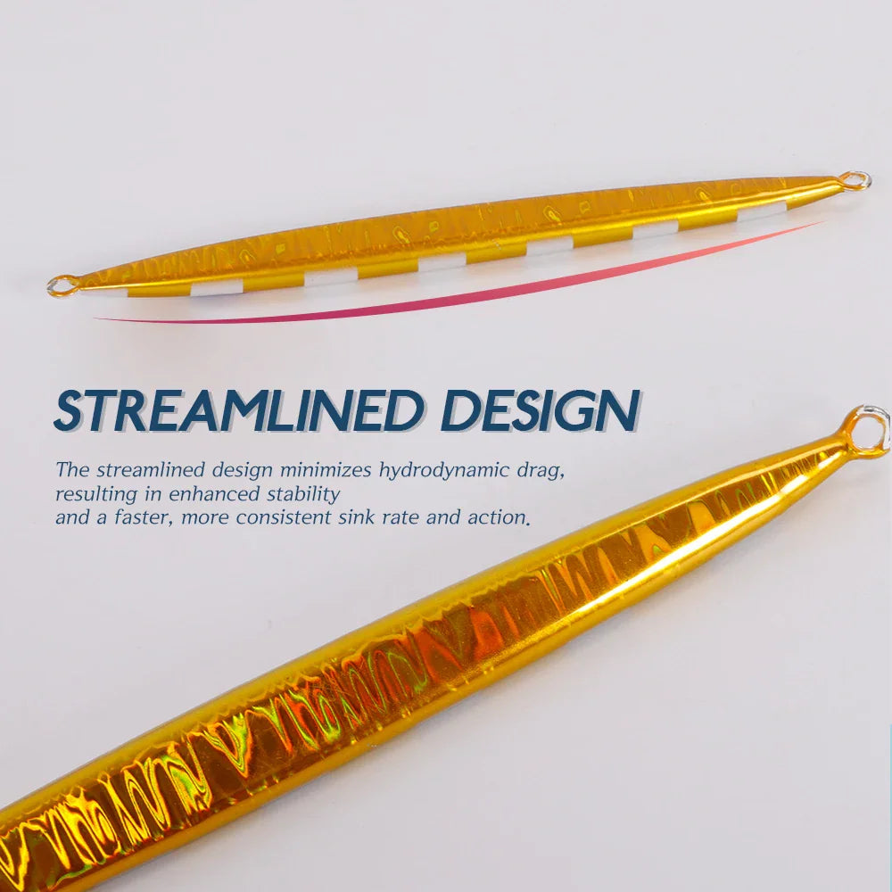 Two views of a golden fishing jig showing its streamlined design and physical profile.