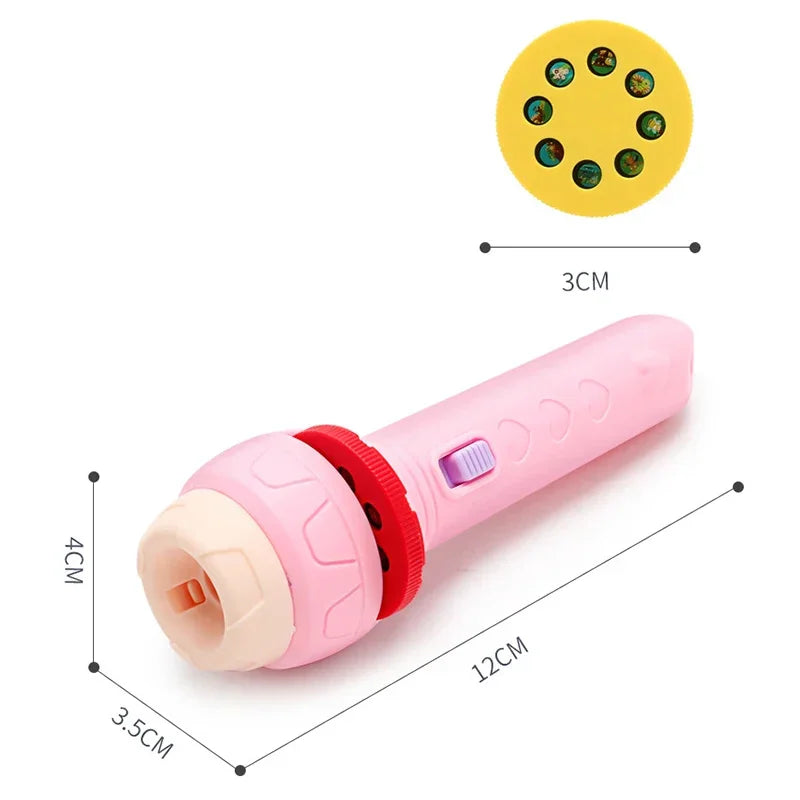 Pink handheld flashlight projector toy with measurement lines and labels