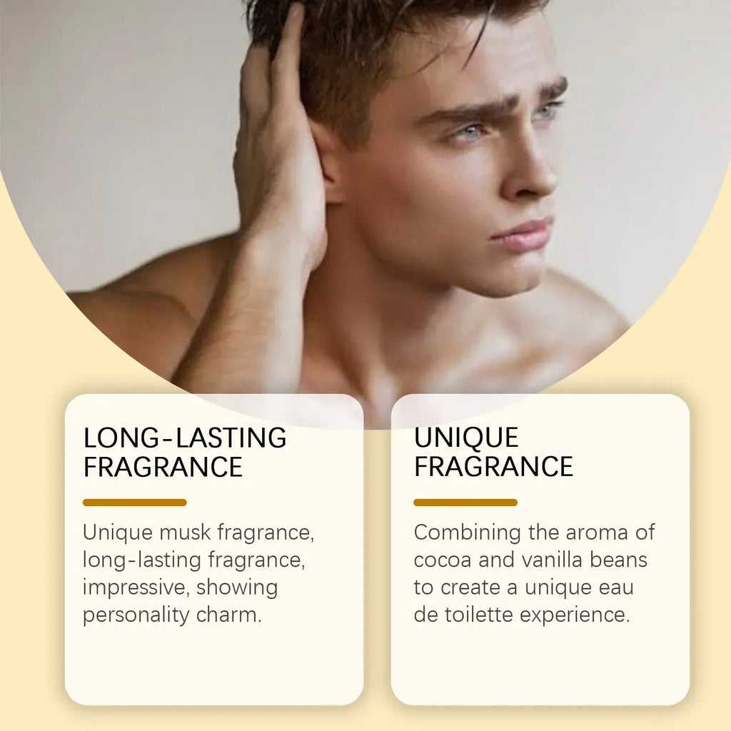 Coco Musk perfume branding with text descriptions and a portrait of a man.
