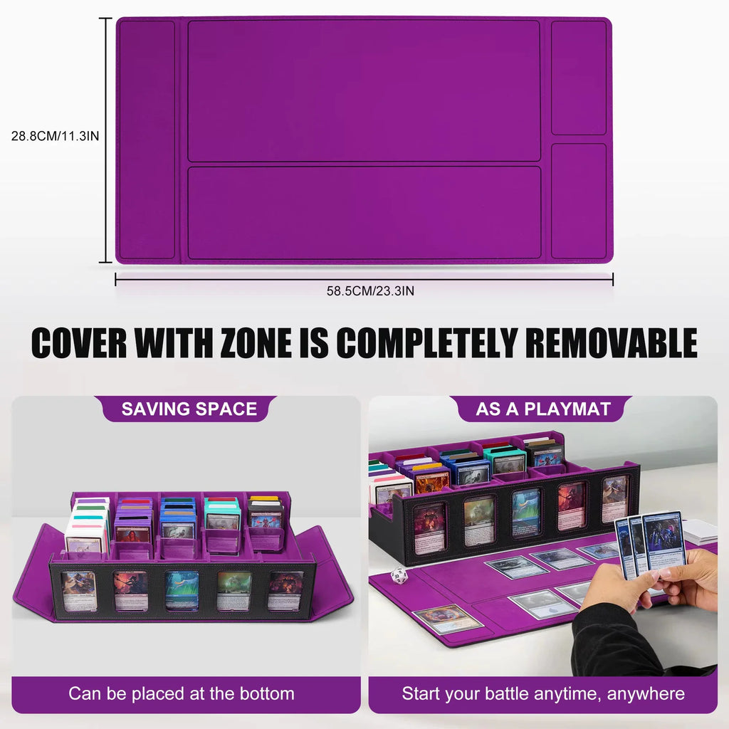 A trading card storage box with a removable magnetic cover that doubles as a playmat for card games.