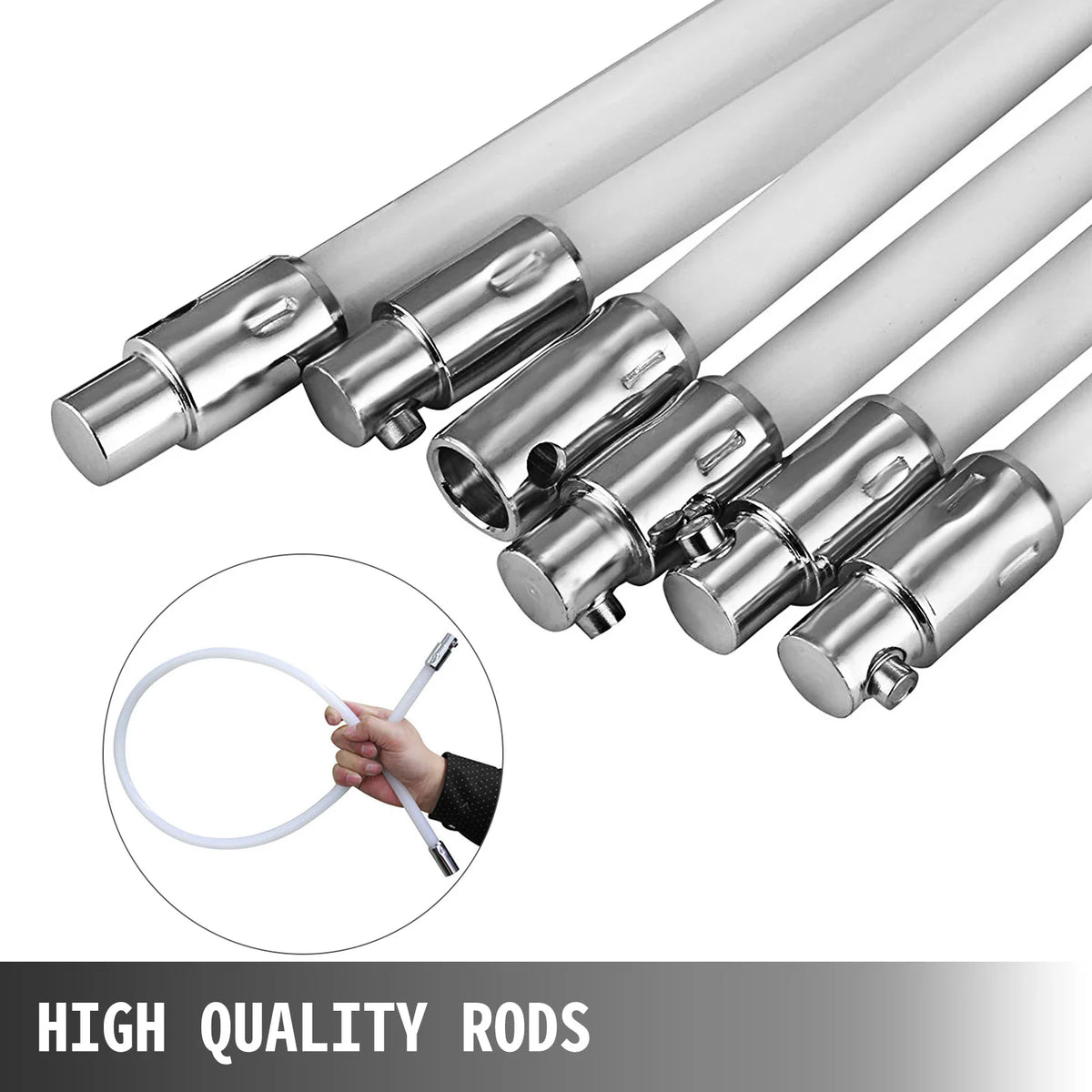 Close-up of flexible white chimney cleaning rods with metal connectors and hand holding a rod