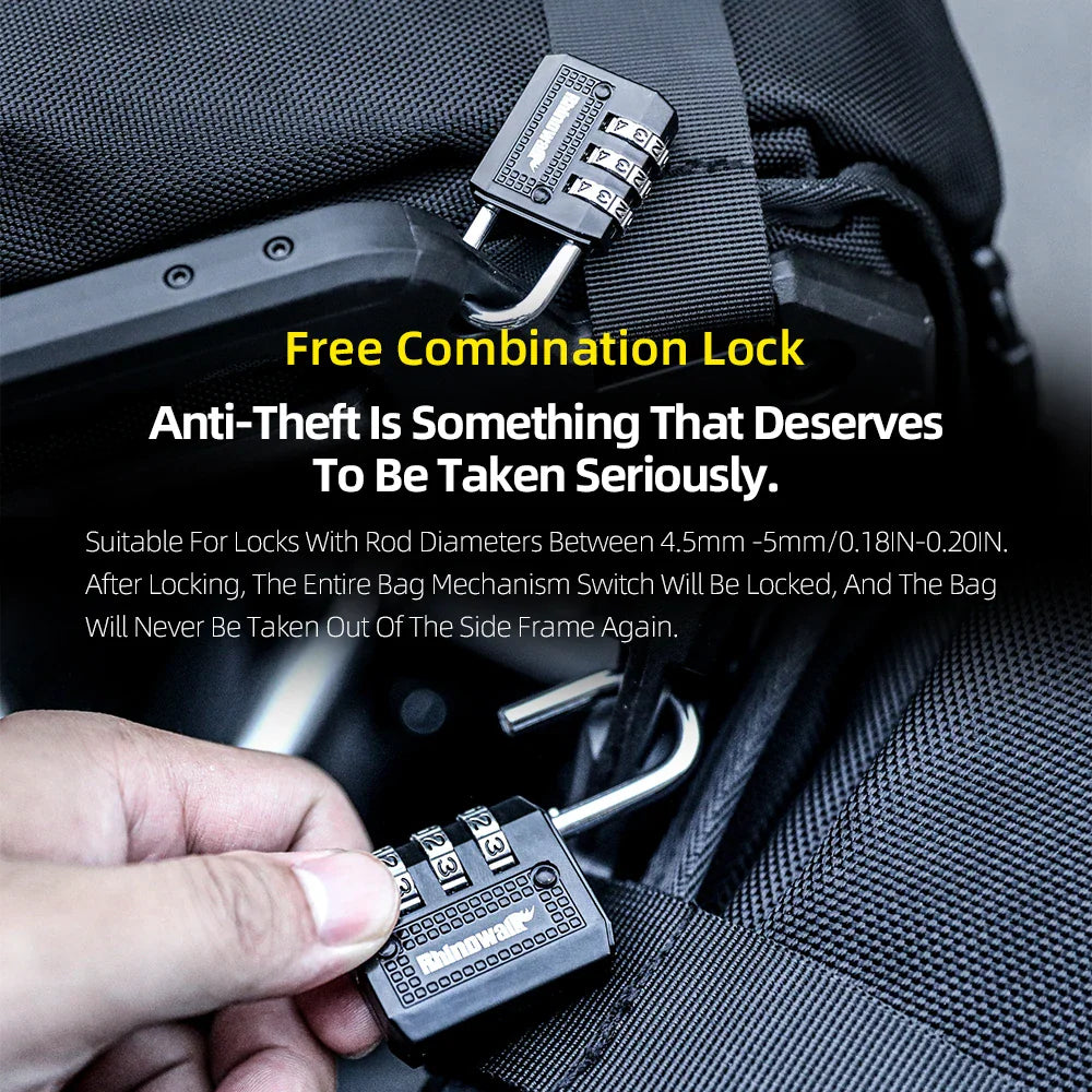 Close-up of a combination lock attached to a motorcycle saddlebag